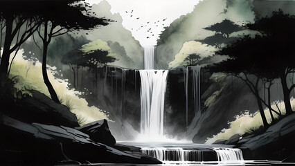 Illustration of a waterfall in the jungle between trees.