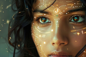 Indian woman portrait perfect skin with user interface elements drawn on a face.