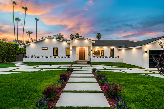 Modern new construction home in Los Angeles at sunset