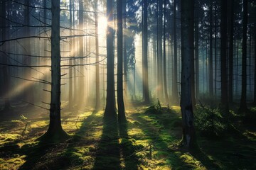 Experience the serenity of a misty morning at dawn, with sunlight filtering through the trees and casting long shadows on the forest floor, Generative AI