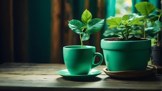 On top of a wooden table, a green cup A potted plant on a different wooden table nearby