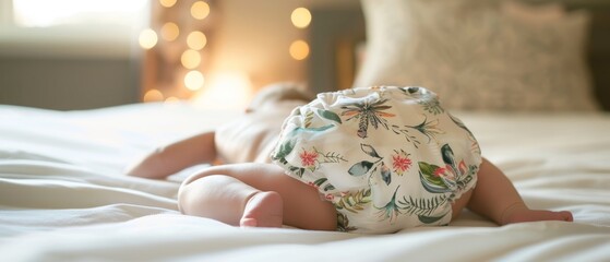 Fototapeta na wymiar Smiling Baby Girl Embracing Tummy Time in Stylish Cloth Diaper