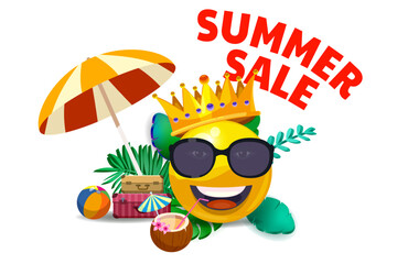 Promo background Summer sale poster Sun cartoon in sunglasses under beach umbrella