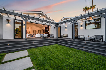 Outdoor seating area in a modern new construction home in Los Angeles