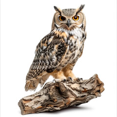 An owl sitting on the snag. Beautiful realistic diorama. PNG with transparent background
