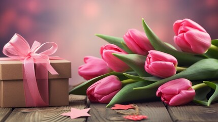 Fototapeta premium Blumenstrauss aus pinken Tulpen auf Holz Tisch Hintergrund