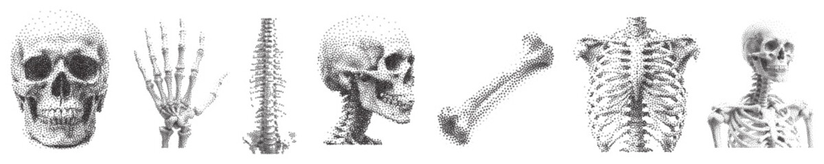 set of Stippled effect human skull , bone hand rib. design elements Vector textured illustration. Skull with halftone stipple effect