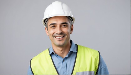 plain silver background happy male architect engineer looking at camera in studio shot portrait...