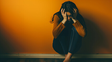 a young heartbroken woman sitting on the floor against a bright orange background, her head buried in her hands, suggesting a moment of overwhelming emotion or distress