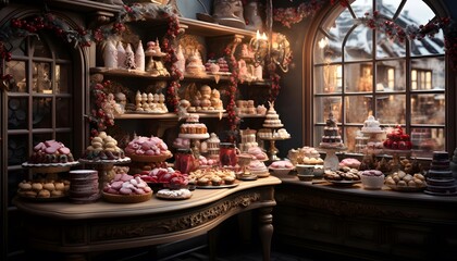 A wide angle shot of a display of sweets in a bakery shop