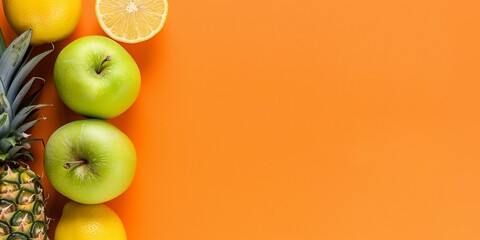 Fruits on orange background with copy space. Healthy diet concept.
