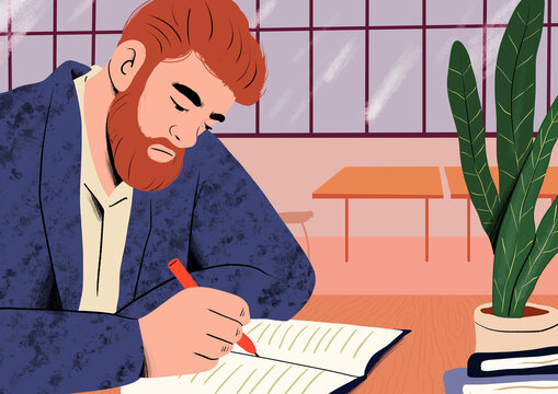 Bearded businessman writing strategy in diary at office desk