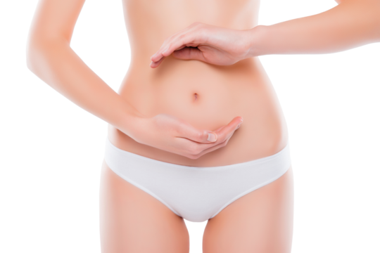 Healthy eating lifestyle nutrition concept. Cropped close up photo of skinny thin slim with flawless skin woman's belly,  demonstrating gesturing balance in microflora isolated on white background