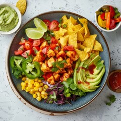 A plate of Mexican food featuring guacamole, corn, and tomatoes