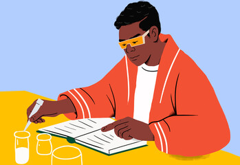 Focused student studying in chemistry lab and reading notebook