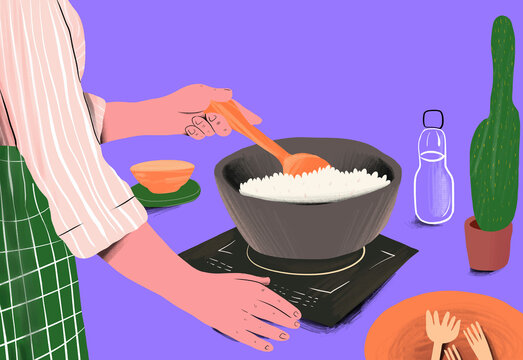 Woman cooking rice in pot on stove against purple background