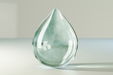 A teardrop-shaped crystal object on a reflective surface, portraying purity and elegance