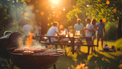 close up view of barbecued meat on table with people at house garden  in background with blur effect , bbq party, food, happy vacation, summertime cookout, Backyard, family gathering, neighbors