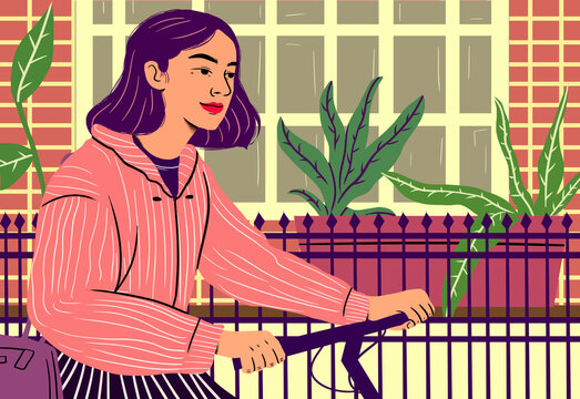 Young woman enjoys a bike ride in a vibrant city setting. Urban exploration, Cycling, Freedom 