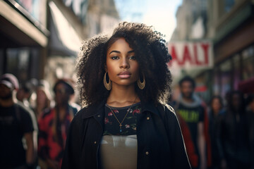 A stylish black woman with curly hair stands confidently in a bustling city street