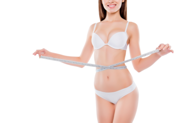 Procedure treatment therapy lifting obesity eating concept. Cropped portrait of thin slender woman measuring waistline using tape measure isolated on white background