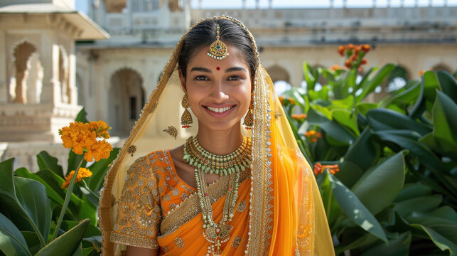 beautiful indian woman standing on royal palace background