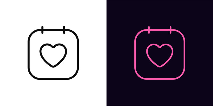 Outline love dating icon, with editable stroke. Calendar page with heart sign. Wedding day, love meeting, dating app, birthday date reminder, favorite event planner, romantic appointment. Vector icon