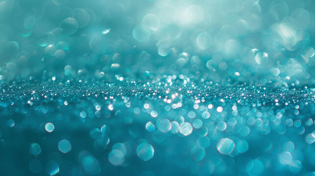 Fototapeta Turquoise glitter defocused twinkly lights, resembling a refreshing morning.