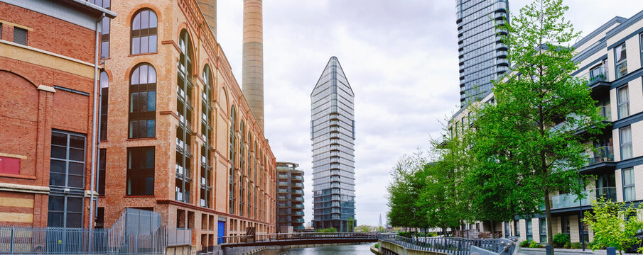 View of skyscraper near Regent's Canal in London, England