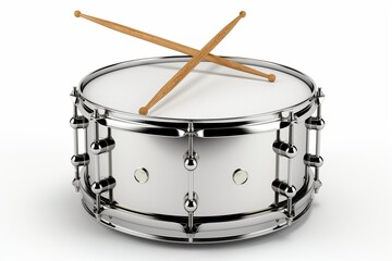 A shiny snare drum with two wooden drumsticks positioned in an 'X' on top