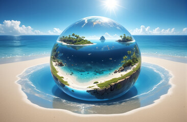 A pleasant feeling on the eve of a vacation,  tiny micro-universe inside the transparent planet earth, inside of which there is a paradise beach, flooded with sunlight, surrounded by the sea