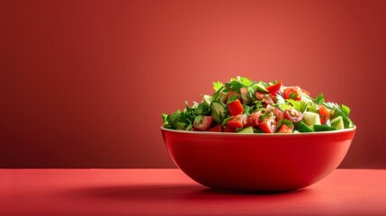 A red bowl filled with Calabacitas salad placed on a table
