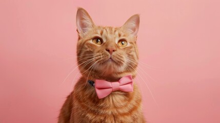 Elegant ginger cat in a bow tie on a pink background