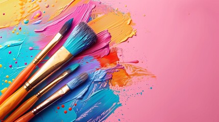 Creative background of artist tassels or brushes in bright paint, mixed paints, vivid art brushes. Close up on pink background.