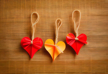 Heart-shaped papers hanging on linen threads against a white background