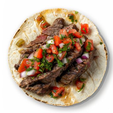 A flavorful steak taco topped with fresh tomatoes, onions, and cilantro