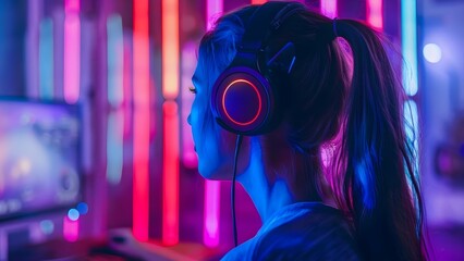 Immersed in Competition: Pro Gamer Streaming Gameplay in Neon Lights with Headphones. Concept Gaming Setup, Competitive Gameplay, Neon Lights, Streaming Tips, Pro Gamer