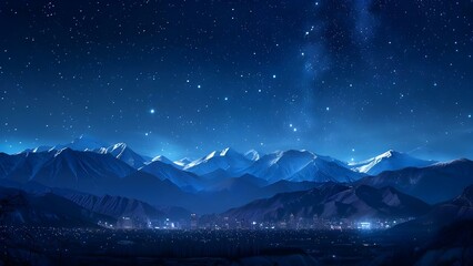 Fototapeta premium City skyline at night with stars, alpine mountains, and dark blue sky. Concept Night Photography, Skyline Views, Alpine Scenery, Starry Night Sky
