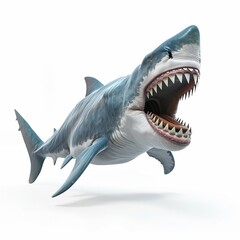 3D rendering cartoon of a megalodon shark swimming in ancient oceans, on white background. --v 6 Job ID: 0c26a233-fd77-459b-bc36-b0ac9cb9414c