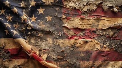 Tattered American flag close-up, embodying a rugged expedition across America, symbol of enduring patriotism, isolated setting