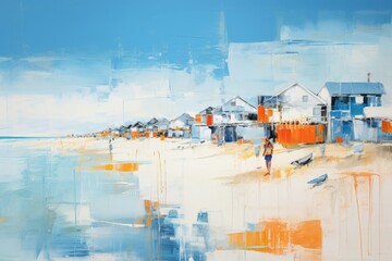 Watercolor illustration of colorful summer houses on the sandy ocean shore. Modern coastal summer art by the sea in vibrant blues and oranges