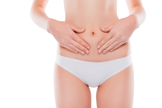 Calories anorexic lose mass concept. Cropped close up photo of flat skinny thin smooth flawless perfect ideal belly, hands touching stomach wearing white underclothes isolated on white background