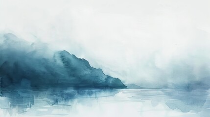 Minimalist watercolor of a misty coastline, the horizon barely visible through the soft fog, ideal for setting a calm and restful mood