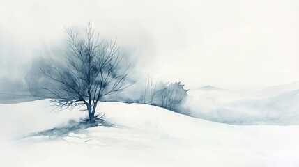 Minimalist watercolor of a peaceful snowy landscape, the simplicity and quiet colors helping to soothe and relax patients