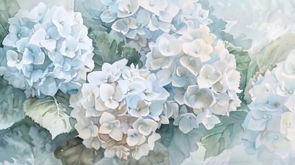 Serene watercolor of pastel hydrangeas, the clusters of flowers adding a touch of soft elegance and comfort to the clinic's decor