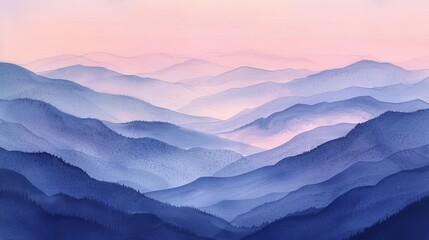 Soft watercolor illustration of a mountain landscape at dusk, the layers of hills in calming hues helping patients feel at ease