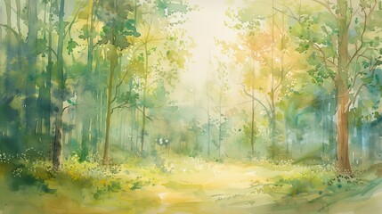 Subtle watercolor of a forest in early spring, the gentle greens and soft earth tones designed to relax and welcome patients
