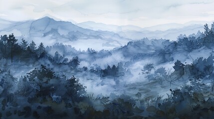 Tranquil watercolor of a misty morning in the hills, layers of soft grays and blues providing a calm, soothing visual escape for patients