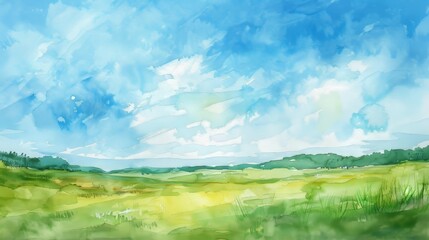 Tranquil watercolor of an open field under a clear sky, the simplicity of the scene fostering a sense of openness and relaxation