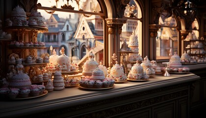 A closeup shot of a lot of cakes in a shop window